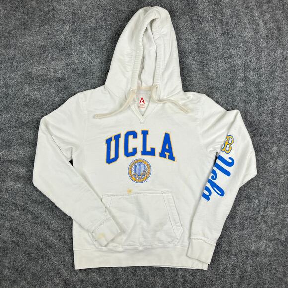UCLA Hoodie Womens M White Blue College Logo Pullover Kangaroo Pocket Stained - Picture 1 of 8